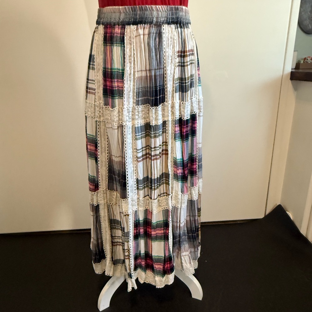 Tolani for Sundance Beautiful Plaid Maxi Skirt with Lace Trim